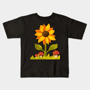 Sunflower in the grass along with some amanita mushrooms. Textured Illustration. Kids T-Shirt